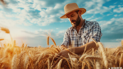 Naklejka na ściany i meble Farmer in a straw hat examining wheat ears in a golden field during sunset.