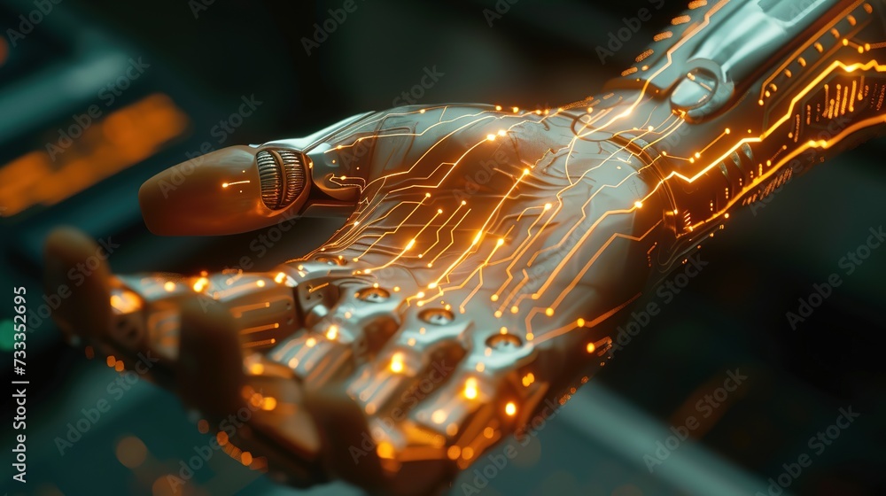 Poster in-depth look at cybernetic arm, illuminated circuitry and patterns beneath the surface showcasing f