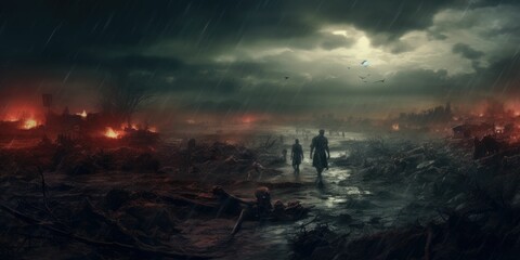 Apocalypse fantasy scene hroup of zombie walking. Halloween concept background - obrazy, fototapety, plakaty