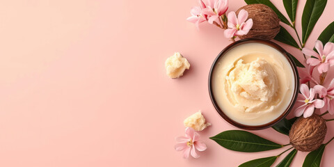 Top view of natural shea butter cosmetic cream with shea nuts and pink flowers on a pastel background.