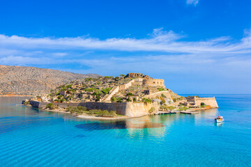Aerial view of the island of Spinalonga, gulf of Elounda, Crete, Greece. © gatsi