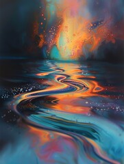 Iridescent display of oil on water, close-up capturing the captivating colors against a dimly lit backdrop.