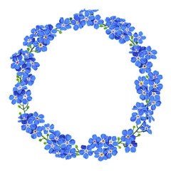 Floral botanical frame is composed of realistic blue forget-me-nots. Detailed hand-painted plants for your product design, textiles, clothing prints, postcards, social media ads, cosmetic wrappers