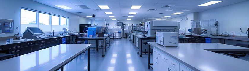 Fototapeta na wymiar Innovative laboratory setup, focusing on the creation of new eco-friendly materials through advanced technological methods, brightly lit.