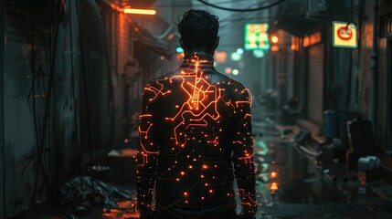 Cybernetically enhanced persona standing in shadowy backstreet, adorned with intricate, luminous tattoos.