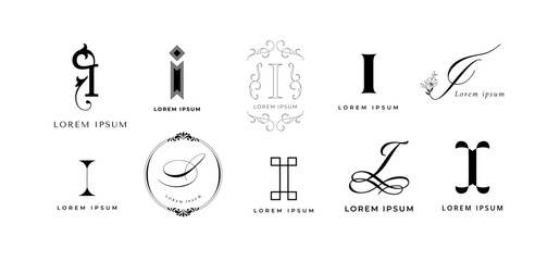 Inspiring I emblem. Letter i monogram for invest company, info or innovative idea branding template vector icon set