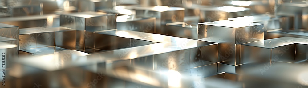 Poster digital 3d maze of reflective cubes, showcasing intricate patterns formed by light and shadows.