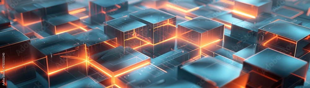 Poster complex light and shadow pattern in digital 3d maze made of reflective cubes.