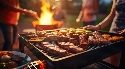 Group of friends having a party outdoors in the garden and barbecue garden grill with beef steaks