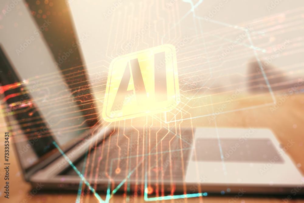 Poster Double exposure of creative artificial Intelligence icon with modern laptop on background. Neural networks and machine learning concept