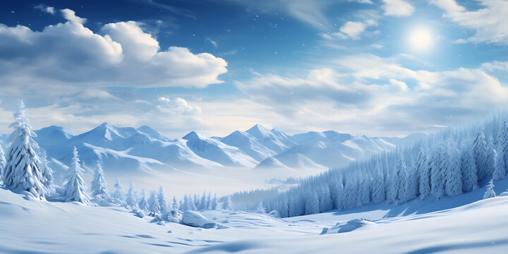 Winter landscape with snowy fir trees and blue sky with clouds. 3d rendering