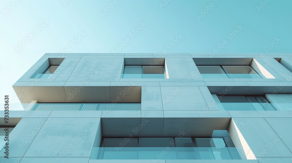 Poster asymmetrical architectural design with diverse window sizes, forming a distinctive pattern under the