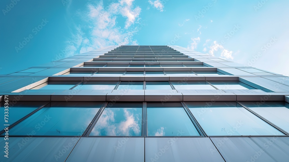 Poster a modern architectural facade featuring asymmetrical design, with varying window sizes creating uniq