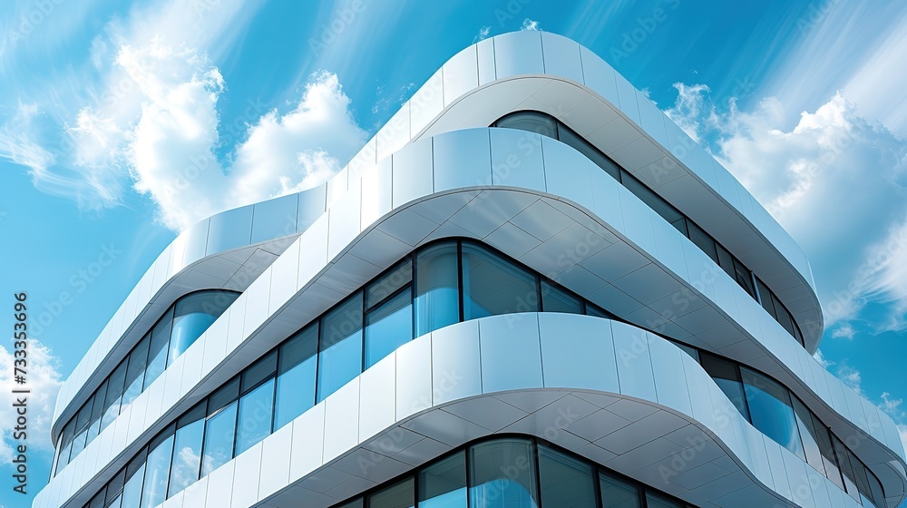 Poster modern architectural structure with an asymmetrical layout and varied window dimensions, showcasing 