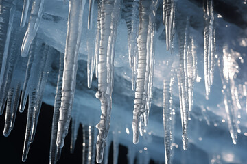 Icicles hanging. Close-up ice crystals forming on the surface of icicles. Generative AI