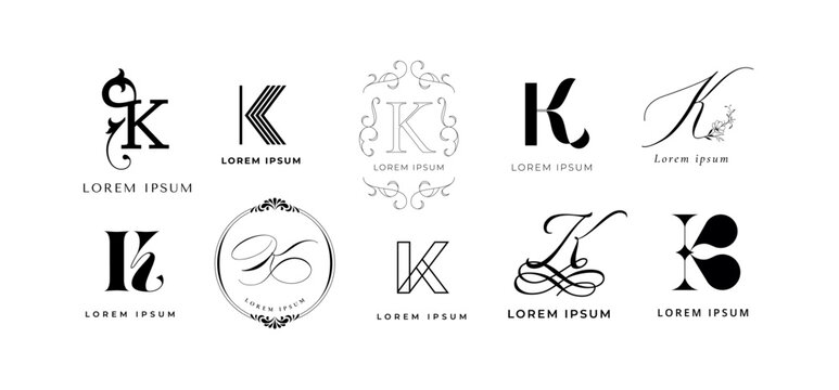 Creative K emblem. Letter k monogram for key, royal king and kitchen company branding template vector icon set