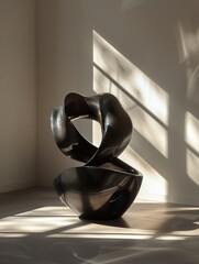 Sculpture composed of entangled shapes, with shadows sharply cast under a spotlight, against a simple background.