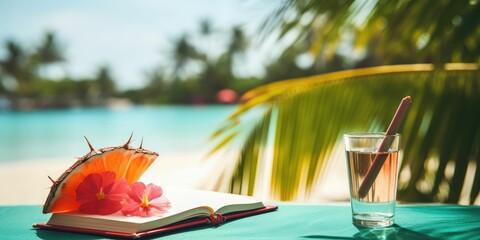 Blank writing book, summer vacation concept, planner, copy space