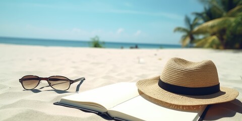 Blank writing book, summer vacation concept, planner, copy space