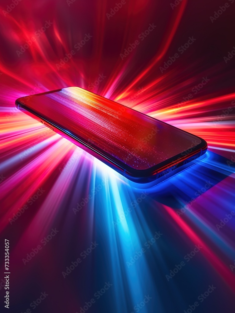 Poster a sleek smartphone screen displaying vibrant, luminous gradient wallpaper, with light rays emanating