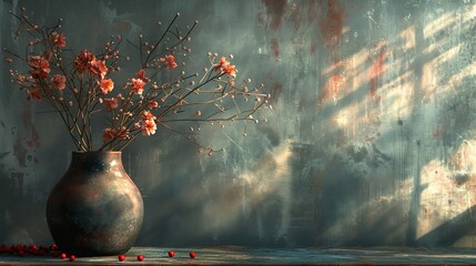 Still life imagery, floral arrangement in an off-center vase on table, dramatized by focused lighting accentuating asymmetry. - obrazy, fototapety, plakaty