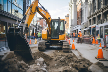 Excavator working on a street renovation project in the heart of a bustling city. Generative AI