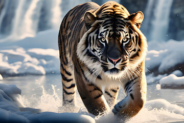 siberian tiger in snow - obrazy, fototapety, plakaty
