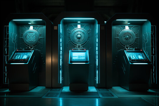 High-tech security panel with biometric scanners, controlling access to the vault. Generative AI