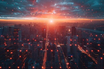 Fototapeta premium Sunset over a smart city, an aerial perspective on how interconnected grids and IoT blend into urban tapestry.