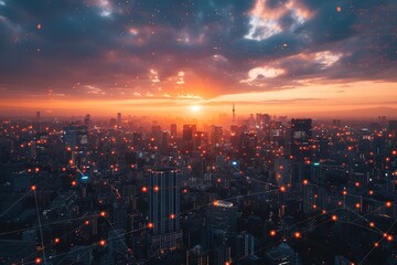 View from the skies: A smart city's sunset, its urban fabric woven with interconnected grids and IoT devices. - obrazy, fototapety, plakaty