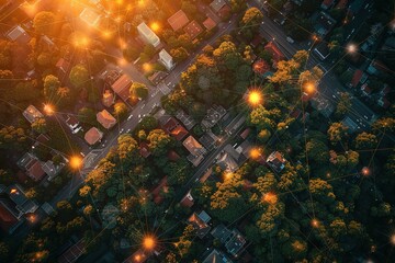 Smart city from above, showcasing interconnected grids and IoT integration within urban landscape as the sun sets.