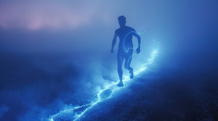 Obraz premium An athlete running in early morning fog, wearing LED lights, creating dynamic light trails in misty environment.