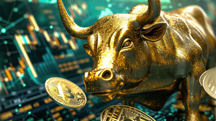 Fototapeta premium Golden Bull and Bitcoin: Symbols of Financial Prosperity and Digital Currency