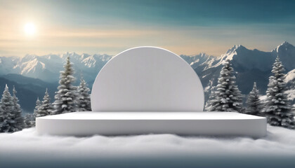 Vetrina Alpina- Podio Espositivo Vuoto con Sfondo di Montagne Coperte di Neve, Perfetto per Presentazioni e Pubblicità di Prodotti di Alta Qualità