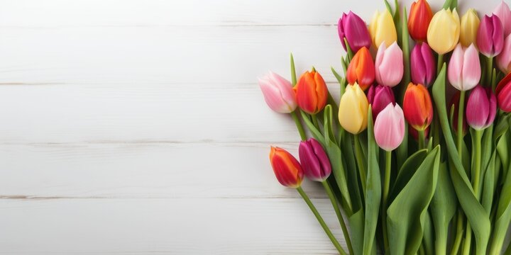 Bouquet of colorful tulip flowers, white wall, copy space