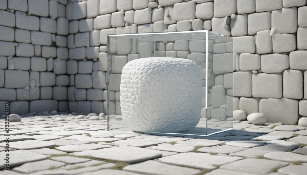 Poster 3d render, abstract background with white cobblestone ruins and glass blocks tied with thread. moder