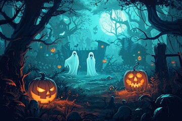 Halloween scene pumpkin and ghosts carved in a forest, in the style of atmospheric landscape paintings, 2d game art, dark cyan, haunting houses, rtx on, poster.