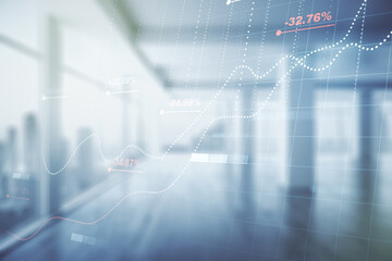 Double exposure of abstract creative statistics data hologram on empty room interior background, analytics and forecasting concept