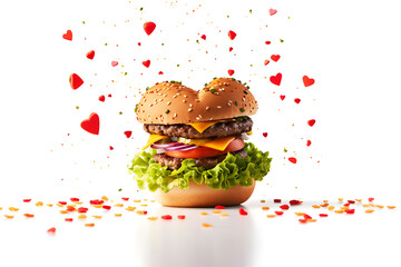 Burger in heart shape with little hearts exploding, isolated on white background