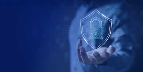 dashboard, security, technology, network, futuristic, interface, innovation, future, control, smart. businessman holds security symbol. concept of cyber security, data protection and against virus.