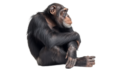 sitting chimpanzee cutout isolated on white, side view on transparent png background