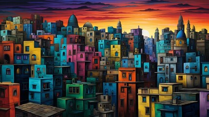 A cityscape with buildings that change color in response to the emotions of the inhabitants - obrazy, fototapety, plakaty
