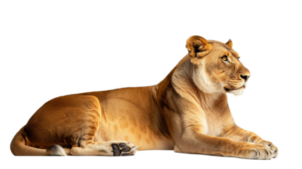 lioness cutout isolated on white, side view on transparent png background