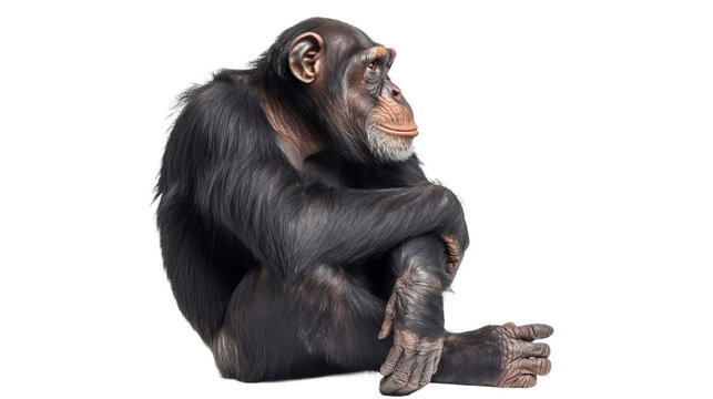 sitting chimpanzee cutout isolated on white, side view on transparent png background