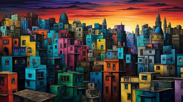 A cityscape with buildings that change color in response to the emotions of the inhabitants