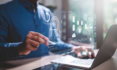 dashboard, security, technology, network, futuristic, interface, innovation, future, control, smart. digital padlock icon, cyber security network and data protection technology on dashboard HUD.