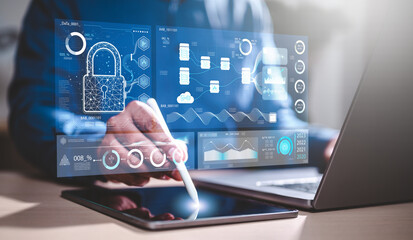 dashboard, security, technology, network, futuristic, interface, innovation, future, control, smart. digital padlock icon, cyber security network and data protection technology on dashboard HUD.