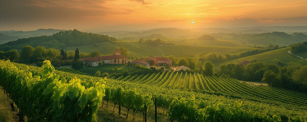 A serene rural landscape bathed in golden sunrise with lush green vineyards in the foreground and...