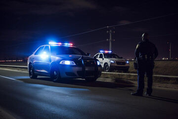 Obraz premium Police car stationed at a highway checkpoint, with officers conducting vehicle inspections. Generative AI