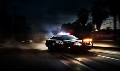 Police car in pursuit with motion blur, capturing the intensity of the chase. Generative AI
